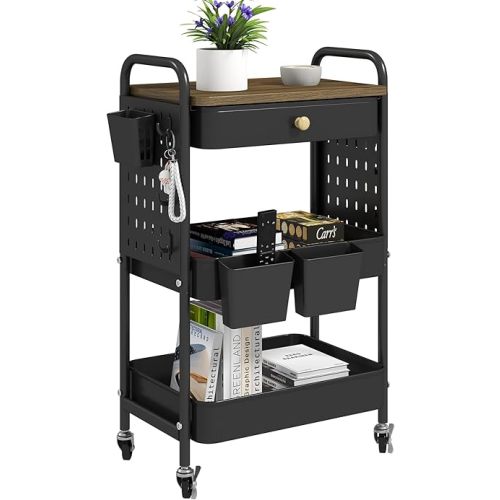 danpinera 3-Tier Rolling Cart, Metal Rolling Storage Cart with Wooden Table Top & DIY Pegboards, Storage Cart with Wheels, Hooks & Hanging Cups, Storage Organizer Cart Craft Art Cart, Black