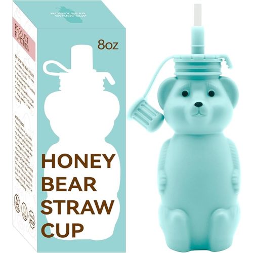 Mootikar Honey Bear Silicone Straw Cup, Babies Water Drinking Cup, 8-Ounce Therapy Sippy Bottles for Speech and Feeding Training, BPA Free & Dishwasher Safe (AQUA)