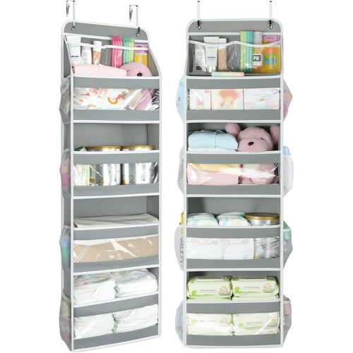 Yecaye 5 Tier 2 Pc Over the Door Organizer, Swing-proof Door Organizer Hanging with Clear PVC Windows, Behind the Door Storage for Bedroom Nursery Closet Laundry Pantry Bathroom, Grey