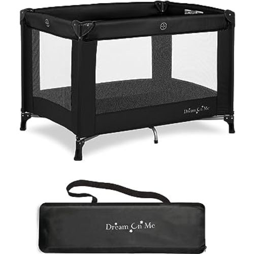 Dream On Me Nest Portable Playard in Black with Carrybag an Shoulder Strap, Lightweight, Packable and Easy Setup Baby Playard, Breathable Mesh Sides and Soft Fabric - Comes with a Removable Padded Mat