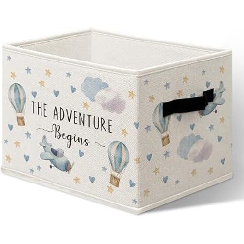 Baby Boy Storage Boxes,Hot Air Balloon Nursery Decor Cube Storage Bin for Baby Boys Bedroom Playroom, The Adventure Begins Organizer Bins for Shelves, 14.2"x10.6" x10.6"