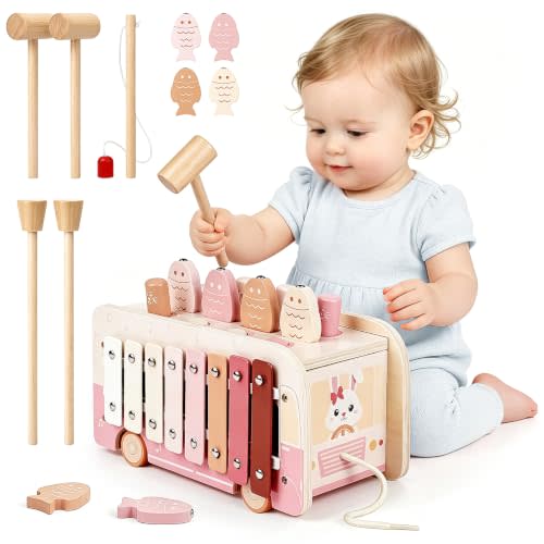 Vanplay Hammering Pounding Toys for 1 2 Year Old Girl Birthday Gifts | 7 in 1 Pink Wooden Learning Activities with Fishing/Spinner/Xylophone/Mole Game for Toddlers 1-3 - Baby Girl Gifts 12+ Months
