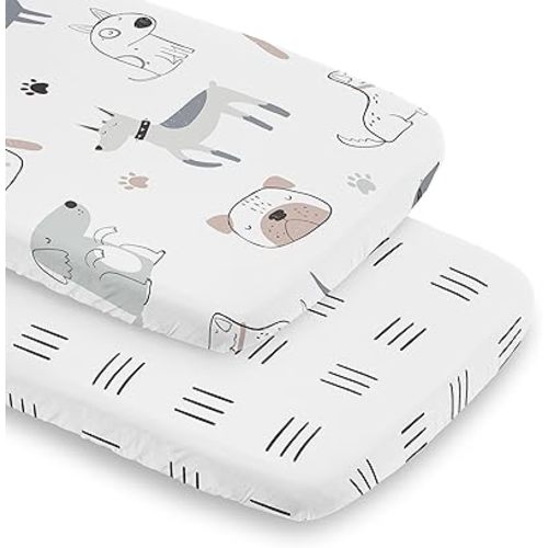 Sweet Jojo Designs 2-Piece Baby Bassinet Sheets Set (Dog) for Girls/Boys, Infant Newborn Nursery, Oval, Rectangle & Hourglass Mattress (Black and White Boho Hatch Print & Modern Puppy, Watercolor Pet)