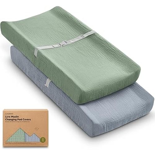 2-Pack Muslin Diaper Changing Pad Covers Boy, Girl – Soft Breathable Muslin Cotton Changing Table Cover, Organic Baby Changing Pad Sheets, Contoured Change Pads Liners Washable 32 x 16 (Slate)