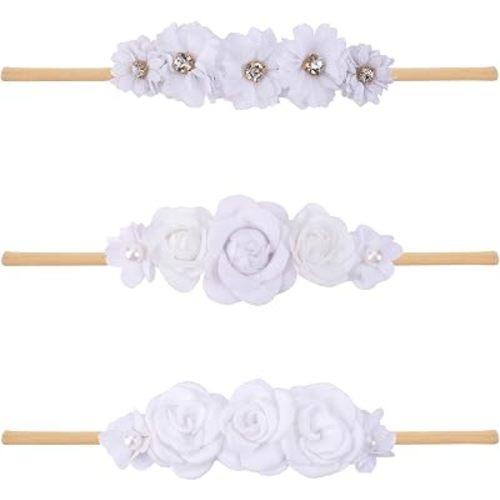 Baby Girl Nylon Headbands Flower Hair Bows Accessories-Elastic Hair Band Crown Handmade FLoral Wraps Birthday Gifts for Girls Newborn Infant Toddler 3Pcs
