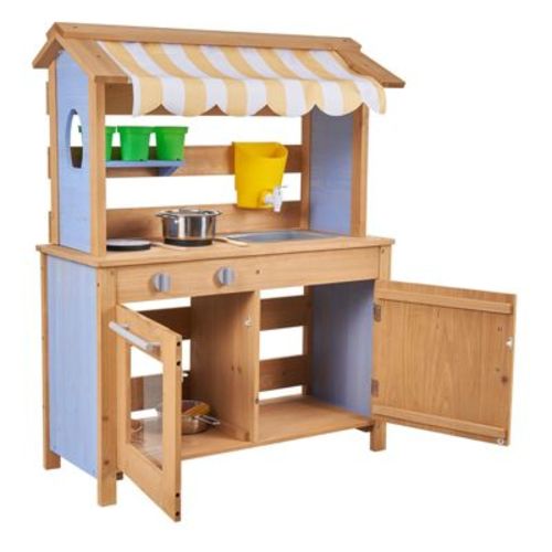VEVOR Mud Kitchen, Outdoor Mud Kitchen for Kids, Wood Outdoor Play Kitchens with Spoons, Sink, Tank, Sunshade Canopy,Shovels,Cookware Pots, Blue&Brown