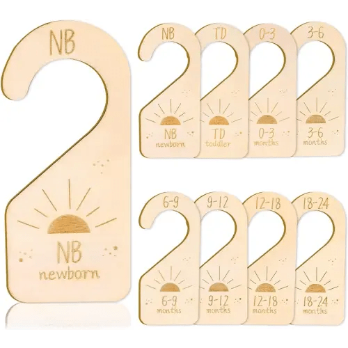 Whaline 8Pcs Baby Closet Size Dividers Wooden Baby Wardrobe Hanger Organizer Boho Sun Design Hanging Wooden Newborn to 24 Months for Home Nursery Baby Clothes Decor
