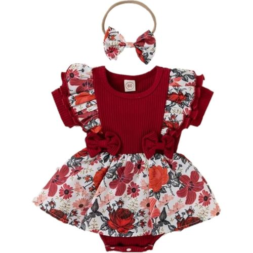 Newborn Baby Girl Romper Dresses Clothes Set Short Sleeve Floral Ruffle Bow Overall Bodysuit Onesie Floral Skirt Hem Outfit