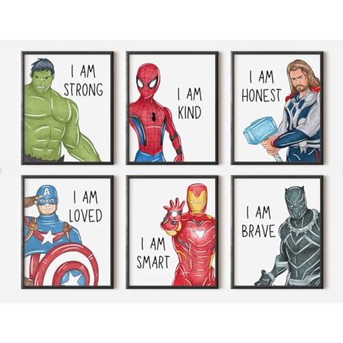 ShopHaven Superheroes Art Print Set Of 6, ‘I AM’ Affirmations, Boys Bedroom Décor, Kids Wall Art, Iron Man, Hulk, Spiderman, Thor, Black Panther and Captain America, Superheroes (11x14) - UNFRAMED