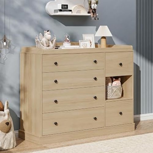 Kids Dresser Cabinet with 6 Drawers, Changing Table for Nursery with Shelf, Multi-Functional Chest of Drawers, Kids Bedroom Furniture, Nightstand for Children's Room, Natural