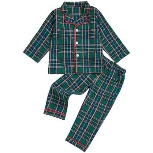 Biayxms Kids Baby Girls Boys Plaid Cotton Pajamas Set Long Sleeve Button Down Shirts Tops and Pants Gingham Pj Lounge Sets