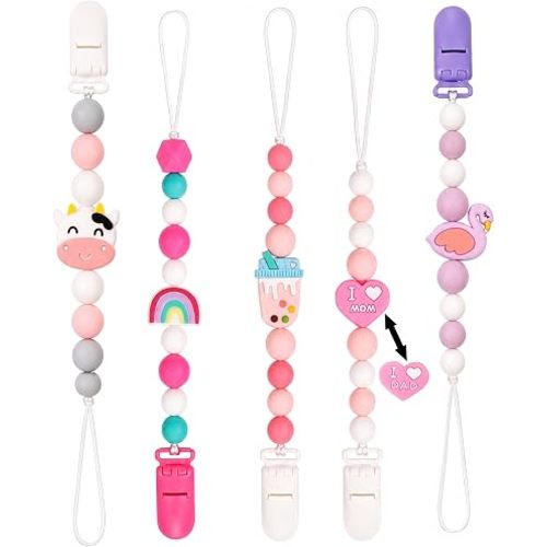5 Pack Baby Pacifier Clips, 90° Foldable Clip with Gripping Ridges, Cute Cartoon Decor Pacifier Holders for Baby Boys & Girls (Multicolor 4)