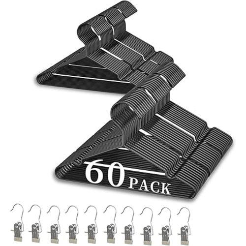 60Pack+10 Clips Kids Baby Luxurious Hanger Set ,Heavy Duty Matte Black Metal Kids Baby Hangers Withstands 25 lbs