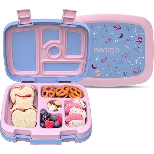 Bentgo Kids Prints Leak-Proof, 5-Compartment Bento-Style Kids Lunch Box - Ideal Portion Sizes for Ages 3-7, Durable, Drop-Proof, Dishwasher Safe, & PFAS & BPA-Free Materials (Lavender Galaxy)