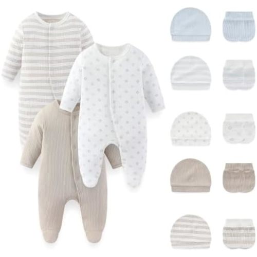 Fashion Baby Boy Girl Clothing Set Cotton Soft 3-Piece Long Sleeve Button Rompers 5-Pack Hats&Gloves Infant Clothes