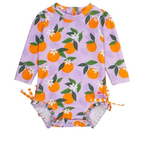 RuffleButts Baby Girls Orange You The Sweetest Long Sleeve UPF50+ One Piece Rash Guard