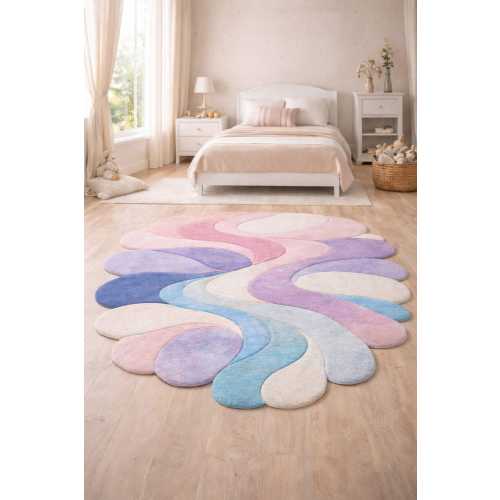 Large Pastel Abstract Area Rug Irregular Wavy Shape Soft Pink Blue Purple Flowing Pattern  Kid's Room Decor Hand-Tufted Modern Art Rug