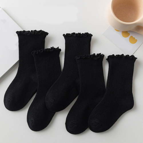 Eltusu Baby Girls Cotton Socks, Mid-Calf Stretchy 5 Pieces Breathable Spring Fall Socks Black Size 9-12 Months