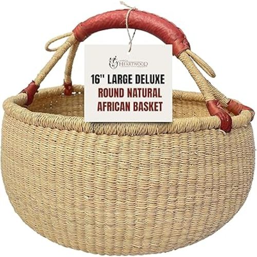 Africa Heartwood Project - Deluxe Large Round Natural African Basket with Leather Handle - Classic Heartwood Bolga Market Basket from Women in Bolgatanga, Ghana - 16" Round Flat-packed