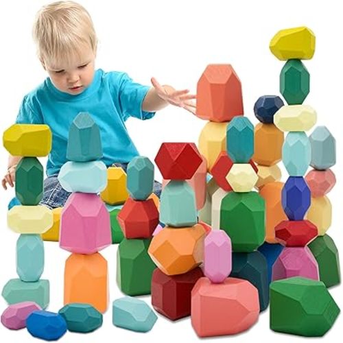 MEGRANATE 39PCS Montessori Wooden Stacking Rocks Toys Colorful Stacking Stones Building Blocks Games Sensory Toy for Toddlers Educational Learning Toys for 3+ Years Old Kids