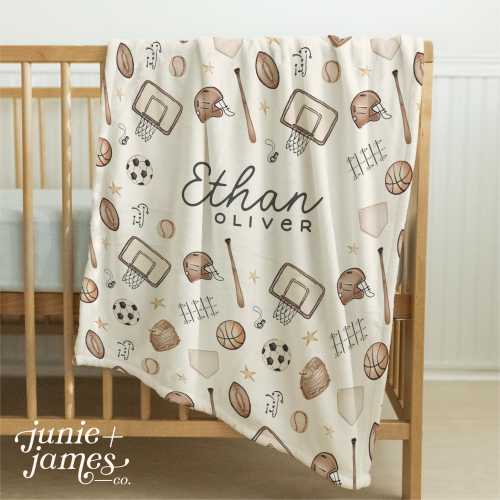 Sports Baby Name Blanket - Baby Boy Shower Gift - Basketball Baseball Football Nursery Decor
