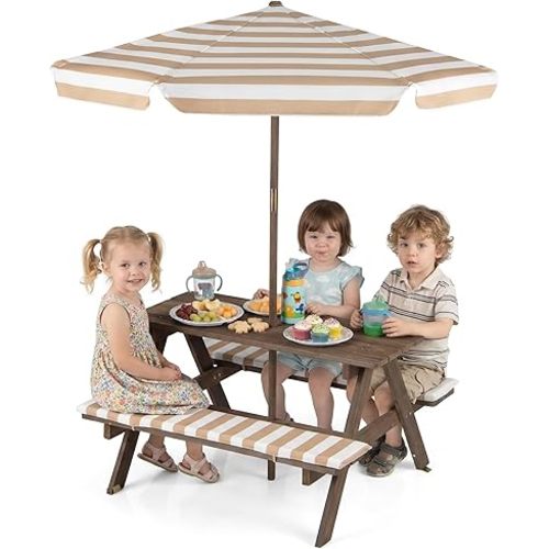 Costzon Kids Picnic Table, Wooden Toddler Outdoor Table & Bench Set with Removable Umbrella & Cushions, Stripe Fabric, Kids Outdoor Furniture for Patio Backyard Garden, Fits 4 Children Age 3+ (Coffee)