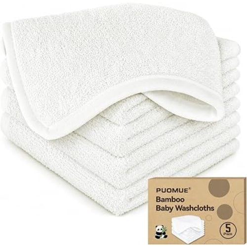 Puomue 5 Pack Baby Washcloths 10"×10", 80% Bamboo Rayon 20% Cotton Ultra Soft Absorbent Lint Free Gentle Bath Face Towels for Newborn Sensitive Skin White