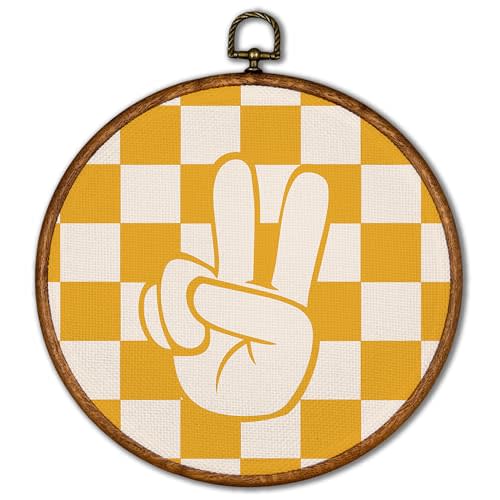 KSDUT Yellow and White Room Wall Art Decor - Yellow Checkered Preppy Wall Art Canvas Frame Hanging Prints, Peace Sign Trendy Wall Art Decor for Home Girls Boys Room Dorm Decorations 10"x10"