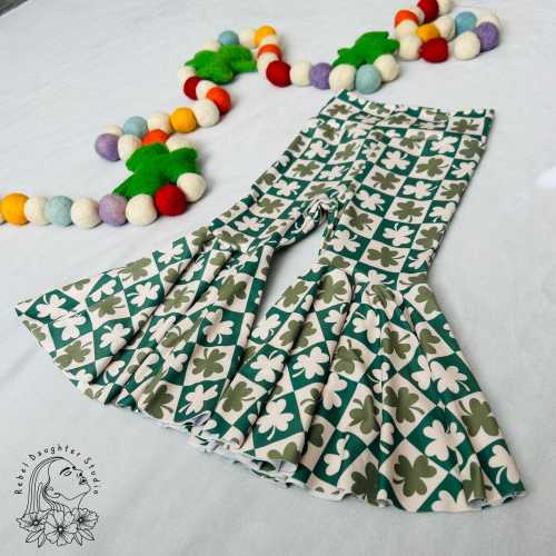 St. Patrick's Day Mod Checkered Green Shamrock Baby & Toddler Bell Bottoms | Groovy St. Paddy's Day Kids Flared Pants | Irish, Lucky Clover