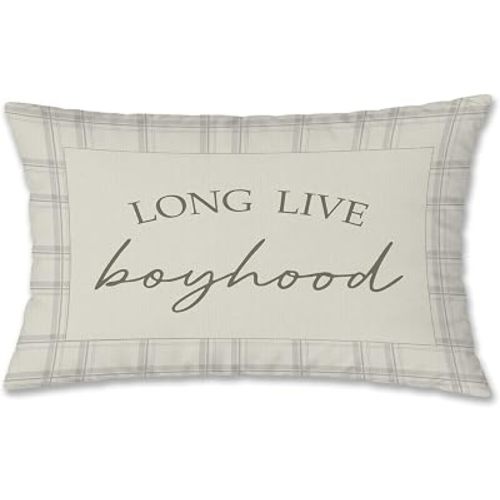 Boy Nursery Decor Pillow Cover 12x20, Baby Boy Room Decor, Long Live Boyhood Neutral Gingham Plaid Decorative Pillow Cover Pillowcase for Kids Nursery Bedroom Playroom