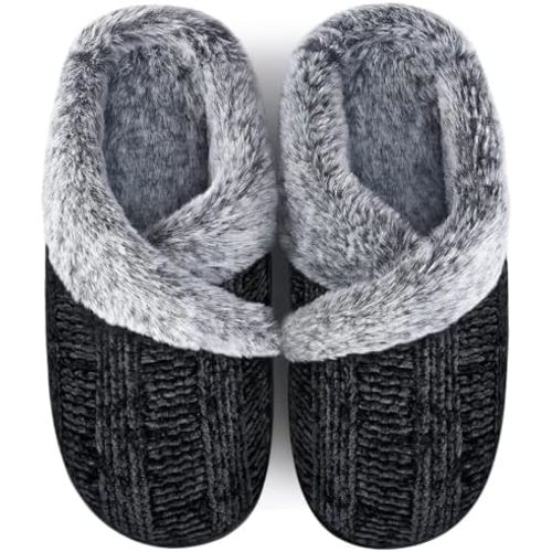 Slippers for Women Fuzzy House Slip on Indoor Outdoor Bedroom Furry Fleece Lined Ladies Comfy Memory Foam Female Home Shoes Anti-Skid Rubber Hard Sole