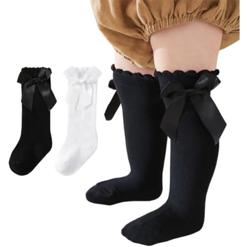 Baby Knee High Socks Newborn Cotton Ruffle Bow Socks Infant Long Sock Toddler Girls Uniform Stockings