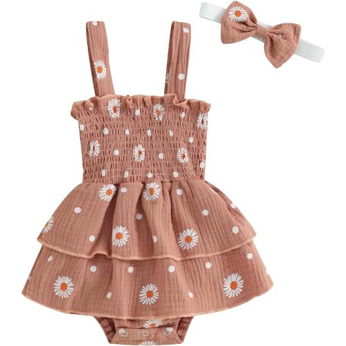 Karwuiio Infant Baby Girls Bodysuit Rompers Dress Newborn Short Sleeve Daisy Romper with Headband Summer Clothes Set
