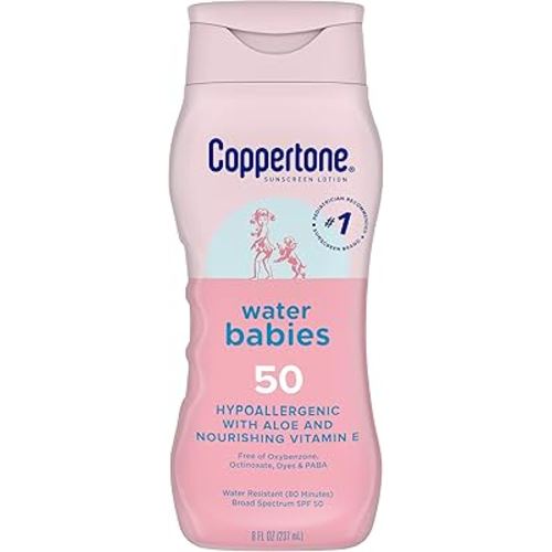 Coppertone WaterBabies Baby Sunscreen Lotion SPF 50, Hypoallergenic Sunscreen for Babies, Water Resistant, Pediatrician Recommended, 8 Fl Oz Bottle