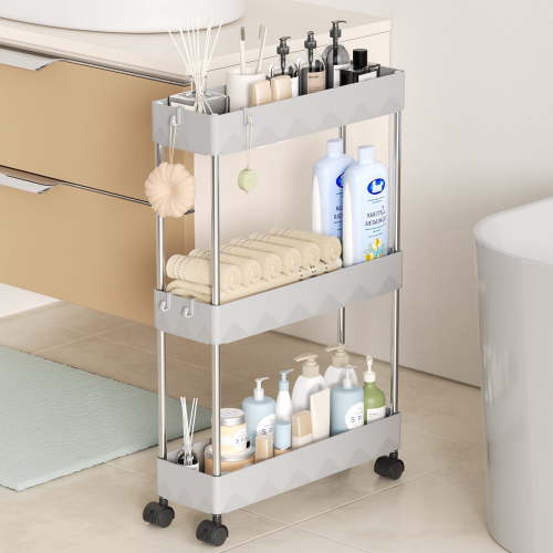Cshidworld Storage Cart 3 Tier Slim Cart, Rolling Utility Cart Storage Organizer Slide Out Cart, Mobile Shelving Unit Organizer Trolley for Office Bathroom Kitchen Laundry Narrow Places, Gray