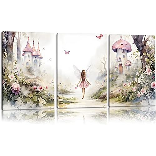 3 Pcs Framed Fairy Garden Canvas Wall Art Flower Fairy Posters Prints mushroom castle Painting Pictures Enchanted forest Wall Decor for Living Room Bedroom Girls Room Nursery Decoration