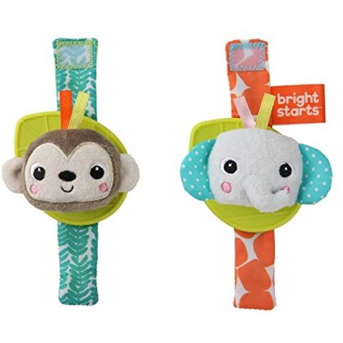 Bright Starts Rattle & Teethe Wrist Pals Toy - Monkey & Elephant, Newborn +