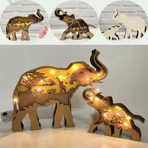 Wooden 3D Carved Elephant Ornaments With Lights-Wooden Wild Forest Animal Crafts-Wooden Elephant-Desk Decor-Custom Birthday Gift for Kids