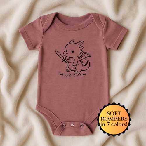 Adventure Dragon Baby Romper: "Huzzah" Fantasy Reader Baby Gift, Soft Jersey Toddler Bodysuit, Cute Storybook Gift for Babies