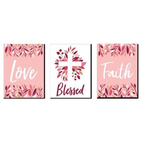 Big Dot of Happiness Pink Elegant Cross - Nursery Wall Art, Kids Room Decor and Home Decorations - Gift Ideas - 7.5 x 10 inches - Set of 3 Prints