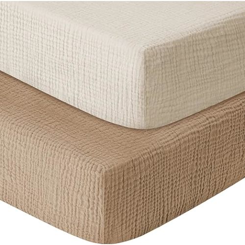 Muslin Crib Sheets for Boys Girls 100% Cotton Fitted Baby Crib Sheet 2 Pack Soft and Breathable for Standard Crib Mattress & Toddler Mattress 52x28in (Beige & Coffee)