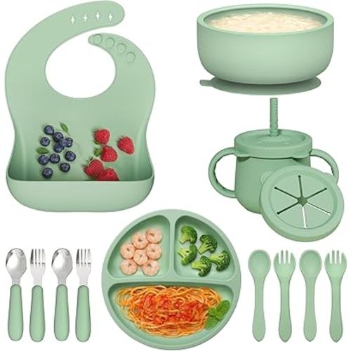 13 Pack Silicone Baby Feeding Set, BPA-Free Baby LED Weaning Supplies, Include Suction Plates, Bowls, Silicone and Stainless Steels Fork & Spoon, First Stage Infant Food Eating Utensils - 6+ Months