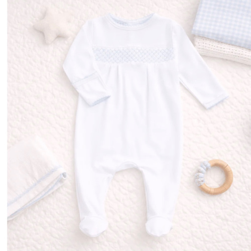 Magnolia Baby Boy Essentials Smocked White Footie with Blue Trim