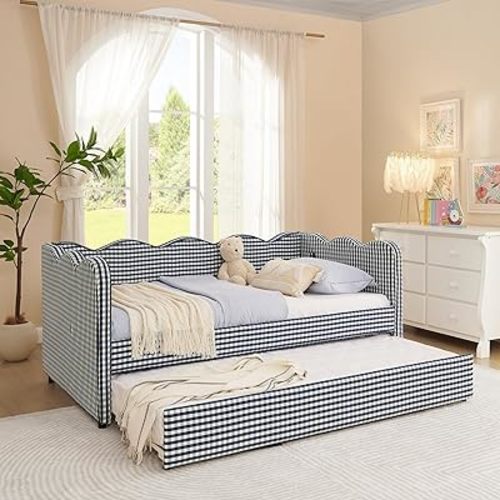 Twin Size Upholstered Daybed, Extendable Linen Sofa Bed with USB Charging Port and Adorable Wave Shaped, Cozy Gingham Bed Frame for Living Room Bedroom, No Box Spring Required, Navy