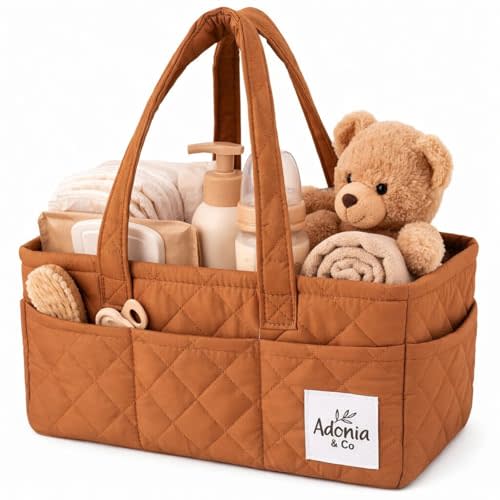 Adonia & Co Diaper Caddy Organizer  Baby Organizer for Newborn Essentials, Portable Nursery Storage Basket for Diapers, Wipes & Baby Items  Structured, Machine Washable Diaper Organizer (Brown)