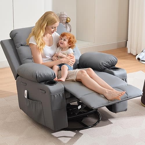 Swivel Rocker Recliner Chair with Massage and Heat, Oversized Glider Recliner Nursery Chair,Single Sofa Seat,Lazy Boy Reclining Sofa with Side Pockets, Front Pockets and Cup Holder