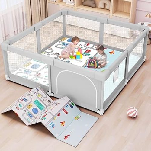 Baby Playpen with Mat 50x50 Inch, Play Pen for Babies and Toddlers with Gate, Baby Fence Sturdy Safety Playpen, Indoor & Outdoor Kids Activity Center