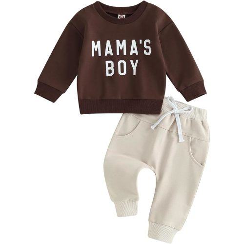 Toddler Baby Boy Clothes Mamas Boy Fall Winter Outfit Long Sleeve Letter Sweatshirt Plaid Jogger Pants Newborn Set