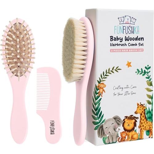 Baby Hair Brush Set for Newborns - Baby Brush and Comb Set - Ultra Soft Goat Hair Bristles, Perfect for Cradle Cap, Newborn Showers & Registries Gift, Comb Brush for Girls & Boys (Rosa)