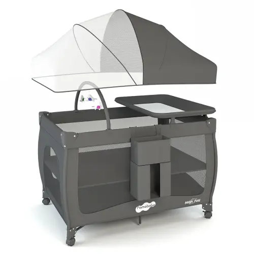 Pamo Babe Pack and Play 1-Second Setup 4-in-1 Portable Crib for Baby with Bassinet, Mosquito Net, Changing Table & Toy Arch